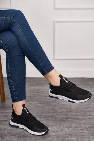 Günlük Kadın - Erkek Sneaker Nefes Alabilen Triko Bağcıklı Hafif Yürüyüş Esnek Spor Ayakkabı 249 053 Siyah-siyah-beyaz