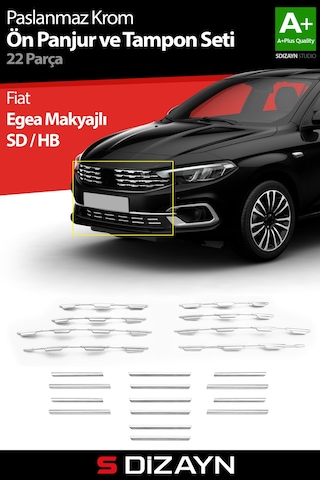 S-dizayn Fiat Egea Krom Ön Panjur Ve Tampon Çıta Seti Diamond Model 22 Prç. 2020 Üzeri Parlak Krom