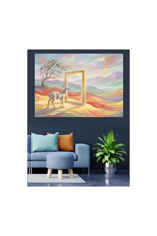 Çölde Kapıdan Geçen Beyaz Geyik Yağlı Boya Dokulu Kanvas Tablo Canvas Tablosu