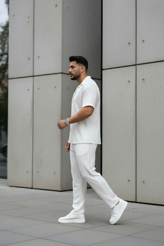 Fifty Color Unisex Trend Bürümcük Krinkıl Kumaş Yazlık Likralı Kısa Kol Gömlek Ve Eşofman Takım Beyaz