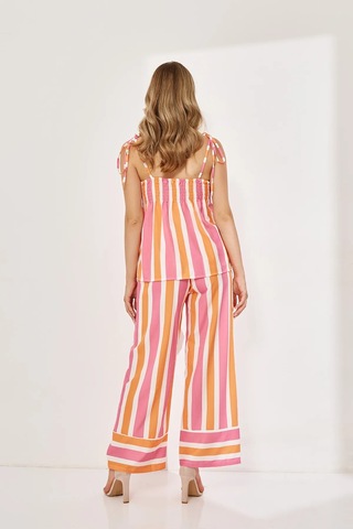 Lolipop Pastel Çizgili Beli Bol Salaş Askılı Rengarenk Yazlık Tatil Pantolon Bluz Takım Pembe