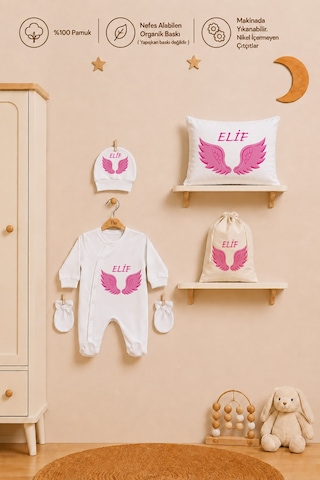 Pia Baby Kız Bebek Hastane Çıkışı İsimli Tulum Takımı Yastık Kılıfı Şapka Eldiven Kıyafet Kesesi Bebek Hediyesi 2055ytkyx Krem