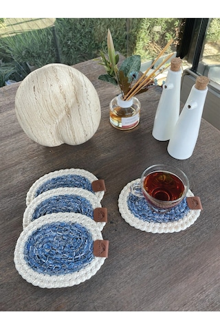 4 Adet Oval Kılfılı Bardak Altlığı- Leke Tutmaz- Beyaz-mavi 13x17 Cm Beyaz - Mavi