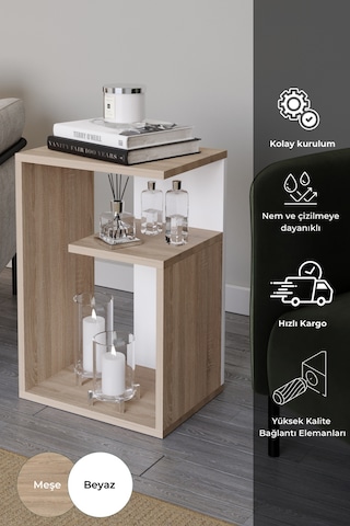 Simav Yan Sehpa Servis Sehpası Zigon Sehpa Koltuk Sehpası Beyaz - Meşe