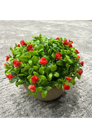 Dekoratif Taş Görünümlü Saksıda Kırmızı Çiçekli Yapay Bitki - Masaüstü Dekoratif Çiçek 17x13 Cm Kırmızı - Yeşil
