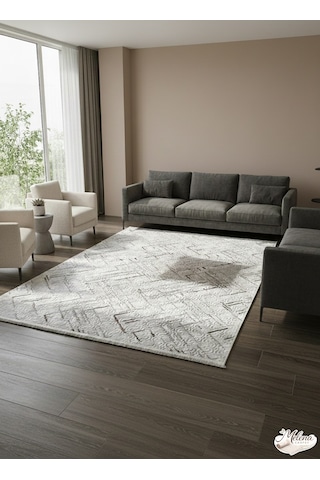 Konak Halı Kabartmalı Dokulu Açık Gri Geometrik Salon Halısı Saçaklı Kaymaz Taban Açık Gri