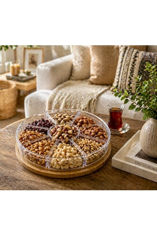 %100 Bambu Tabanlı 9 Bölmeli Kahvaltılık Sunum Tabağı-kapaklı Şeffaf Plastik Organizer,servis Tepsisi, Çerezlik&kuruyemişlik Açık Kahverengi