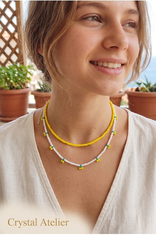 Crystal Atelier 2'li Sarı Kiraz Boncuk Kolye Seti El Yapımı Kum Boncuk Beyaz Sarı İkili Choker Kombini Sarı - Beyaz