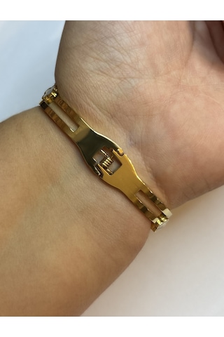 Kadın Beyaz Yonca Ve Taş Model Çelik Bilezik Gold