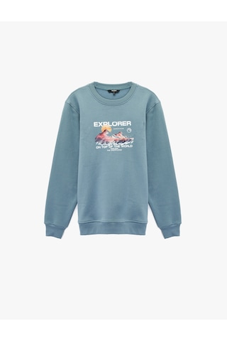 Koton Uzun Kollu Regular Fit Şardonlu Bisiklet Yaka Baskılı Sweatshirt Mavi 6wam70162mk Mavi