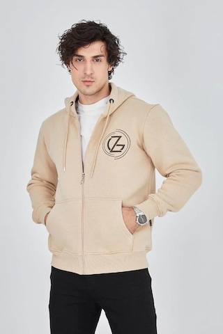 Erkek Kapüşonlu Baskılı Fermuarlı Hırka - Bej Bej