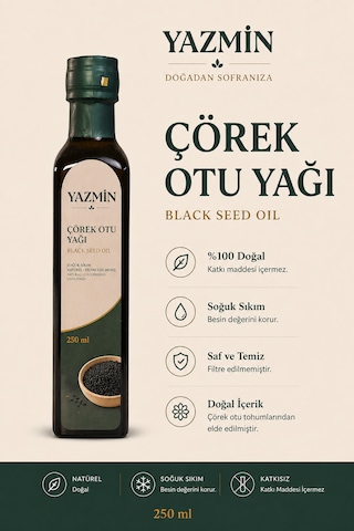 Yazmin Çörek Otu Yağı 250 Ml Cam Şişe Soğuk Sıkım %100 Saf Doğal Çörek Otu Yağı