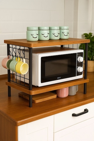 Huzurlu Mutfak Rafı Mikrodalga Rafı Tezgah Üstü Raf Baharatlık 2 Raflı Düzenleyici Kanca Hediyeli Çam
