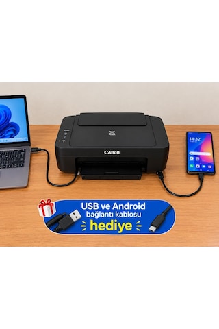 Canon E414 Çok Fonksiyonlu Renkli Yazıcı Tarayıcı Fotokopi USB ve Android Bağlantı Kablosu