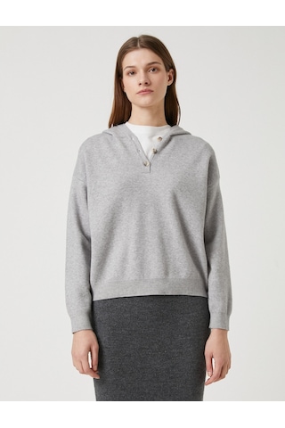 Koton Oversize Triko Kazak Kapüşonlu Düğmeli Yaka Gri 3wak90191ht 3wak90191ht023 Gri