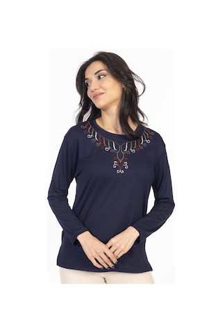 Yeni Model 2024 Nakış İşlemeli Yuvarlak Yaka Likralı Anne Penye Bluz 6450-lacivert