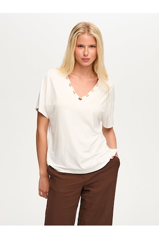 Faik Sönmez Resort Yakası Boncuk Detaylı V Yaka Tshirt S26tsh116 Us26tsh11673 Ekru