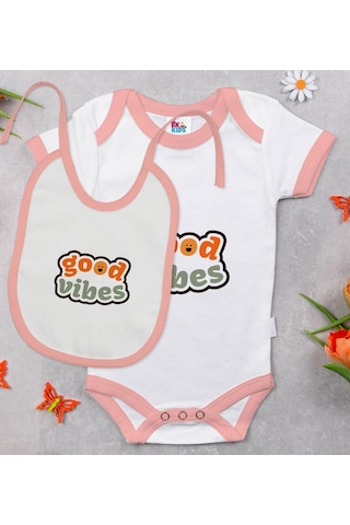 Bk Kids Good Vibes Tasarımlı Pembe Bebek Body Zıbın Ve Mama Önlüğ Çok Renkli