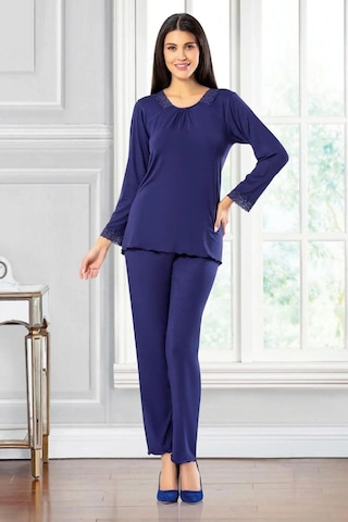 Faal 8606 Kadın Uzun Kollu Dantel Detaylı Pijama Takımı-lacivert Lacivert