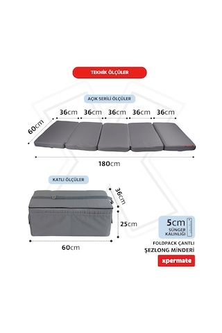 Xpermate Katlanır Şezlong Minderi Çantalı Cepli Foldpack 30x60gri