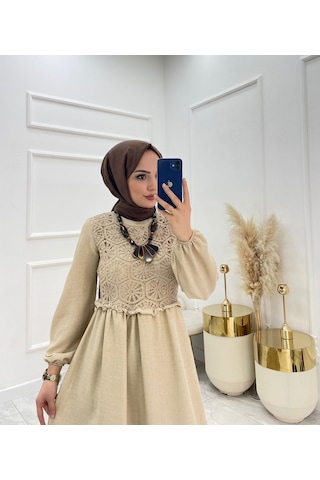 Kadın Melenj Keten Elbise Krem