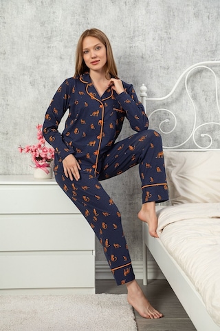 Myben Kadın Lacivert Renkli Pamuklu Likralı Düğmeli Leopar Desenli Biyeli Pijama Takımı 10037 Lacivet-1 Lacivert
