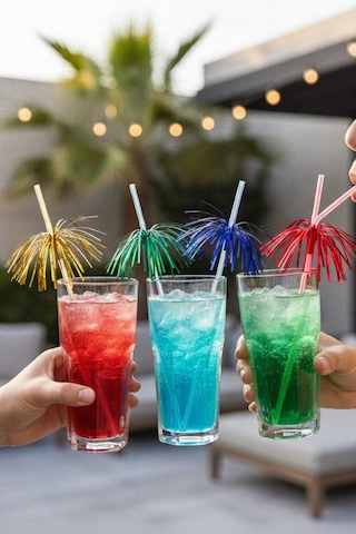 25 Adet Püsküllü Kokteyl Pipeti - Renkli Palmiye Parti Pipeti - Folyo Süslemeli Sunum Pipeti Çok Renkli