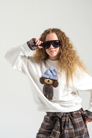 Loco Loco Ekru Şapkalı Köpek Baskılı Çocuk Sweatshirt