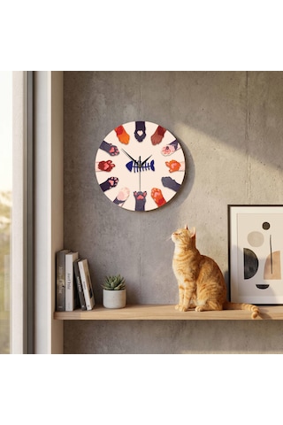 Cajuart Dekoratif Sevimli Kedi Patileri 30 Cm Ahşap Duvar Saati Sessiz Çok Renkli