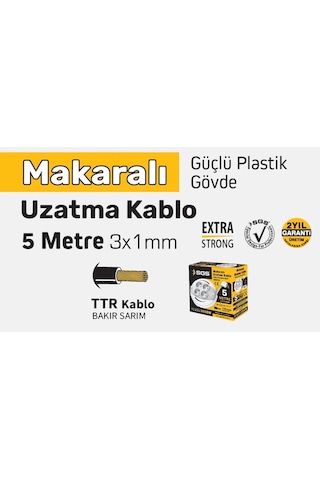 Sgs2190 - 5 Metre Makaralı Uzatma Kablo 3 X 1 Bakır Sarım Ttr Kablo 5 M