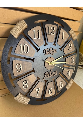 İsim Yazılabilir Ahşap Dekoratif Halatlı Duvar Saati Siyah-ahşap