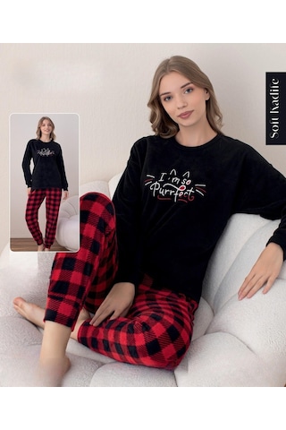 Boyraz Kadın Kışlık Bisiklet Yaka Soft Kadife Pijama Takımı 07018 - 1 Adet Siyah