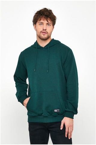MMetalic Koyu Yeşil Erkek Kapüşonlu Kanguru Cepli Sweatshirt Yeşil