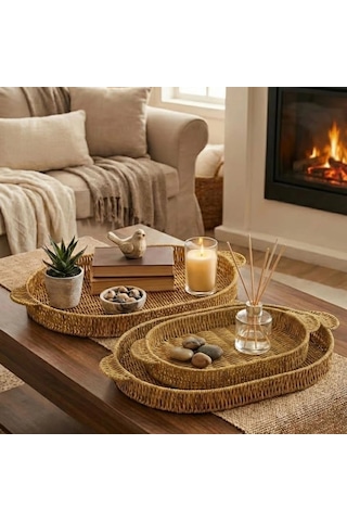 Durukar İç İçe Geçebilen 3 Lü Oval Plastik Rattan Tepsi Seti Hasır Görünümlü Çok Amaçlı Servis Ve S