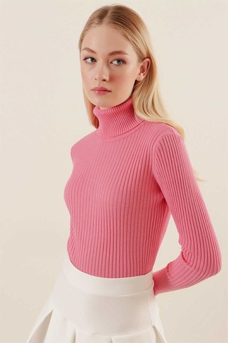 Onno Style Women Fitilli Balıkcı Yaka Basic Kazak Pembe