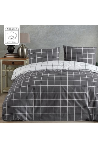 %100 Pamuklu Çift Kişilik Nevresim Takımı 200x220 4 Yastık Kılıflı Lastikli Çarşaflı 180x200+25 Antrasit Beyaz