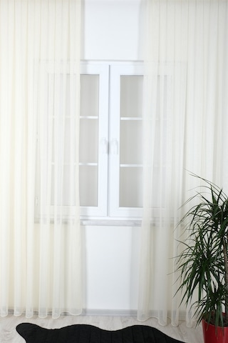 Damla Keten Görünümlü Leno Tül Perde Pilesiz Krem - Krem