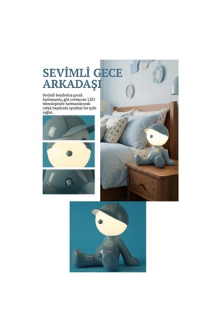 Street-style Şapkalı Çocuk Lamba - Şarjlı Taşınabilir Dekoratif Gece Lambası Mavi 8381888