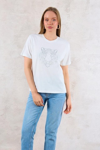Kadın Krem Kaplan Baskılı %100 Pamuk T-Shirt