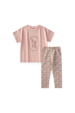 Cigit Desenli Taytlı T-shirt Takım 2-10 Yaş Pudra Pembe Pudra