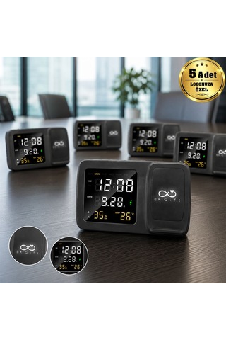 Bk Kurumsal Logonuza Özel 5 Adet 4230 Wireless Şarj Cihazı Ve Dijital Saat - Led Logolu