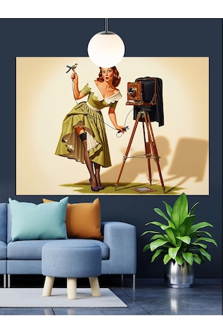 Vintage Fotoğrafçı Kadın Kamera Dekoratif Kanvas - Mdf Ahşap Tablo