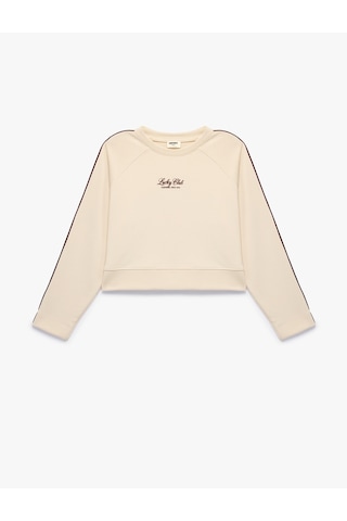 Koton Uzun Kollu Viskon Karışımlı Biyeli Bisiklet Yaka Baskılı Sweatshirt Bej 7wkg10355ak Ekru