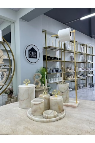 Dekoratif Doğal Şeker Mermer 8 Parça Gold Mercan Banyo Seti