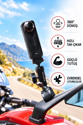 Uba-q1 360 Aksiyon Kamera Tutucu Tak Çıkar Adaptörlü Motosiklet Gidon Kamera Bağlantı Aparatı Siyah