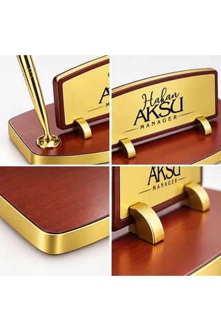 Bk Gift Kişiye Özel Kalemli Ahşap Masa İsimliği Gold Plakalı Bk26 -3 Çok Renkli