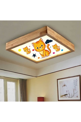 Ahşap Çerçeve Tavan Led Aydınlatma Avize 60X60Cm Kids Kedi Beyaz