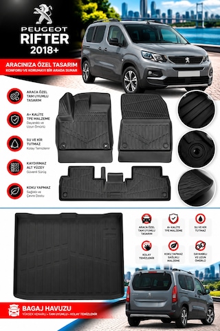 Peugeot Rifter 2019 Model Havuzlu Paspas Takımı + Bagaj Havuzu -modx-