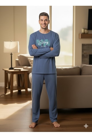 Erkek Mavi Uzun Kol Pijama Takım Açık Mavi