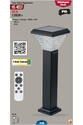 Helıos 100w 4renk Beyaz+4000k+günışığı+rgb Led Solar Bahçe Aydınlatma Metal Gövdeli Hs-4027